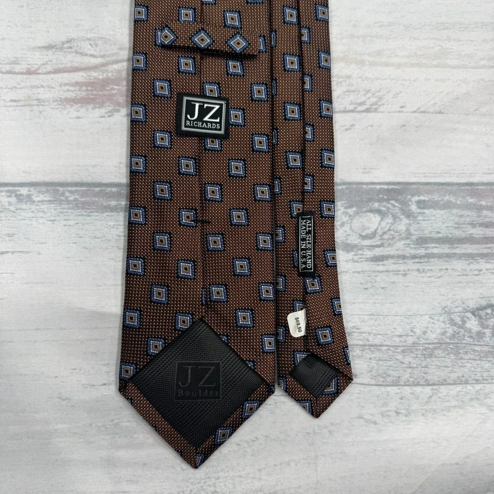 JZ Richards Neck Tie Extra Long‎ Silk Brown Squares Made in USA Mens